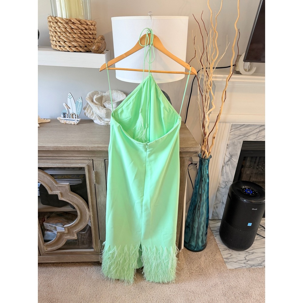 Alexis Izzie Dress Womens Mint Green Feather Trim Halter Midi Size Large (H1) - Picture 6 of 10